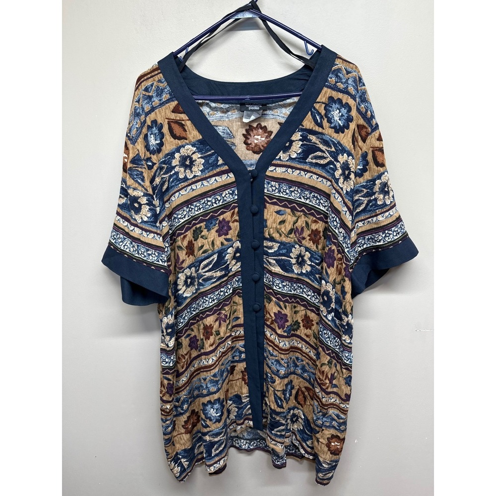 John Philips Vintage Floral Tapestry Print V-Neck Blouse Navy Tan 24WP USA Made